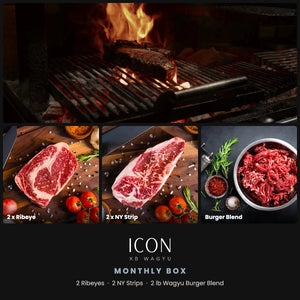 Icon XB Wagyu Monthly Box: 2 ribeyes, 2 NY strips and 2 lb Wagyu burger blend