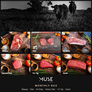 Muse Fullblood Wagyu Monthly Box: ribeye, filet, NY strip, sirloin filet, tri-tip and flank